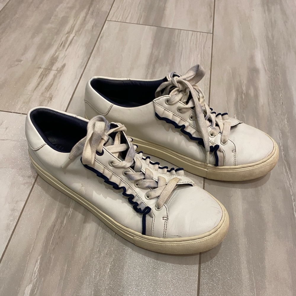 Tory Burch White Leather and Navy Blue Trimmed Ruffle Sneaker, women’s size 9.5
